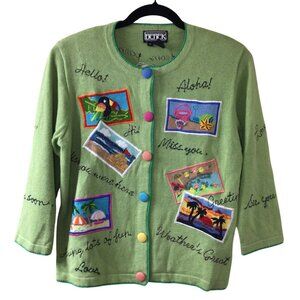 Berek Cardigan Women’s M Medium Green Vintage Sweater 3/4 Sleeve Travel Postcard
